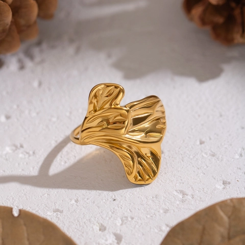 Ginkgo Leaf Petal Open Ring Stainless Steel Gold Plated Waterproof Tarnish Free Elegant Creative Jewelry For Women