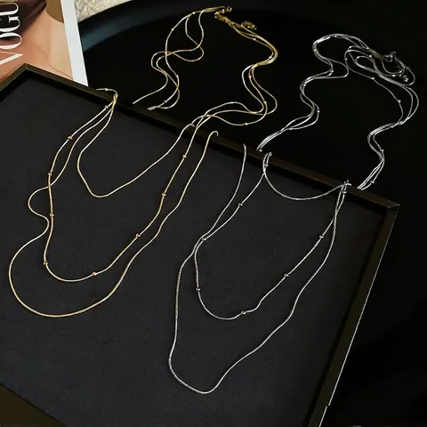 Collier Long Multicouche En Cuivre Minimaliste Pour Femmes Style Coréen Chaîne De Pull Haut De Gamme Avec Perles En Métal