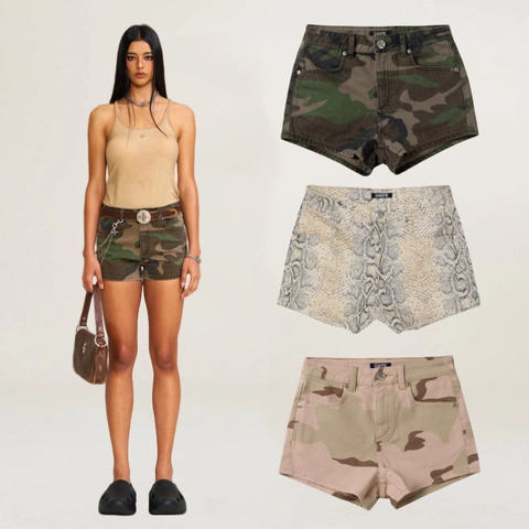 Women Cotton Denim Shorts Snakeskin Camouflage Print Low Waist Streetwear Vintage Trendy Y2K Style Bottoms With Pockets