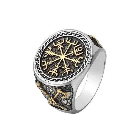 Viking Compass Vegvisir Signet Ring For Men Titanium Steel Nordic Axe Totem Retro Punk Hip Hop Biker Jewelry Ornament
