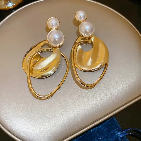 Orecchini Pendenti Tondi Irregolari Geometrici Con Künstliche Perle D'imitazione E Perno In Argento Moda Retro Esagerata Donna Oro