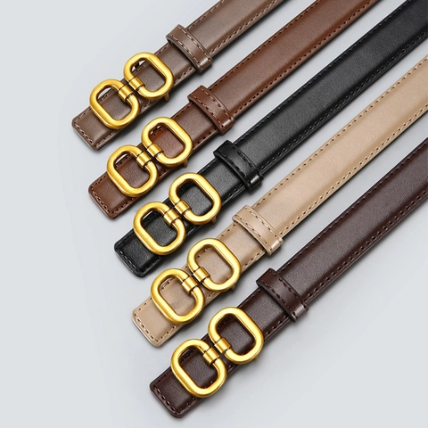 Damen Schmaler PU Ledergürtel Mit Goldener Doppelring Legierungsschnalle Vielseitiger Hüftgurt Für Kleider Hosen
