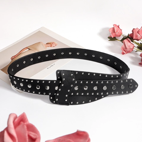 Punk Style Wide Belt For Women PU Leather With Silver Metal Rivets And Snap Buttons Harajuku Streetwear Accessories