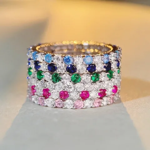 925 Sterling Silver Eternity Ring For Women With Colorful Round Cubic Zirconia Minimalist Stacking Band Jewelry