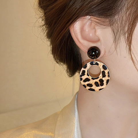 Orecchini In Acrilico Tondi Cavi Con Stampa Leopardata Con Perno In Argento Sterling 925 Geometrici Retro Moda