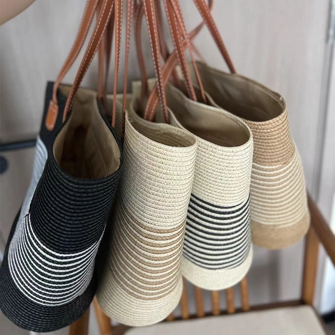 Large Capacity Woven Straw Tote Bag Vintage Summer Beach Shoulder Handbag With PU Leather Handle For Women Travel