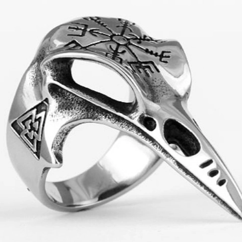 Anillo De Cráneo De Cuervo Vikingo Acero Inoxidable Brújula Vegvisir Valknut Joyería Gótica Punk Para Hombres