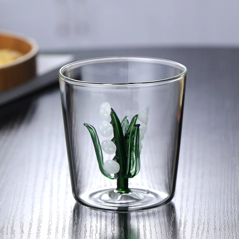 Clear High Borosilicate Glass Cup With Internal Lily Of The Valley Sunflower Figurine Transparent Drinking Tumbler