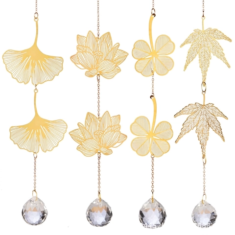 Crystal Suncatcher Prism Hanging Ornament Metal Alloy Leaf Lotus Clover Rainbow Maker Garden Window Decor