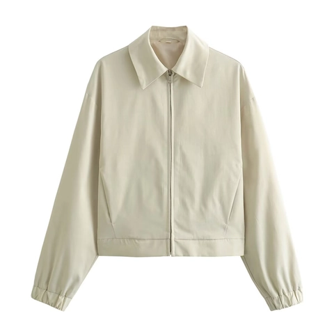 Women Long Sleeve Zipper Jacket Polyester Solid Color Lapel Cropped Outerwear Casual Chic Minimalist Coat