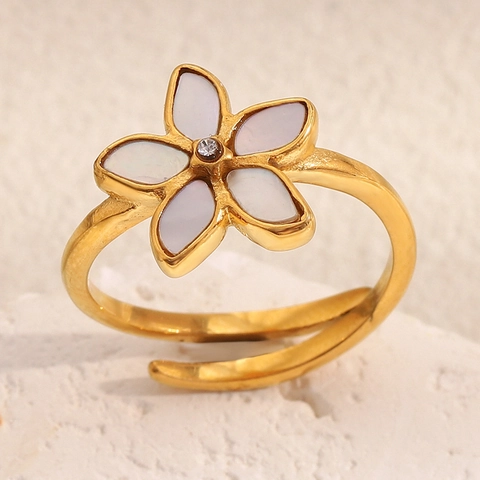 Bloem Verstelbare Ring Roestvrij Staal 18K Verguld Witte Kunstparelmoer Zirkonia Elegante Sieraden Voor Dames
