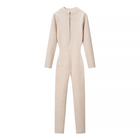 Tuta In Maglia A Maniche Lunghe Da Donna A Costine Con Mezza Cerniera Collo Alto Vestibilità Aderente Elegante