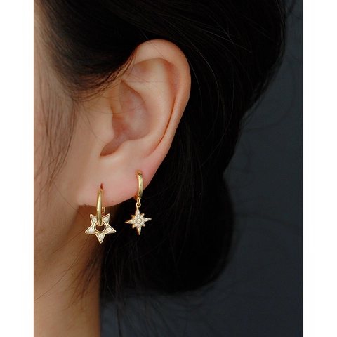 Octagram Star Charm Hoop Earrings 925 Sterling Silver Cubic Zirconia Inlaid Trendy Minimalist Jewelry For Women