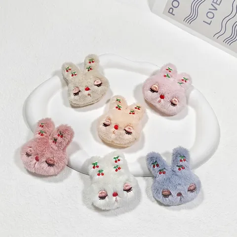 Tête De Lapin En Peluche Broderie Cerise Yeux Broche Accessoire Cheveux Bricolage Décoration