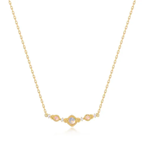 925 Sterling Silver Synthetic Opal Pendant Necklace 10K Gold Plated Vintage Round Rhinestone Cable Chain For Women Daily Jewelry