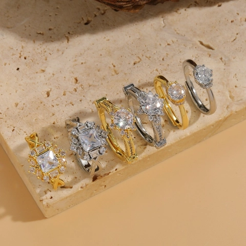 Geometric Zircon Ring Copper 14K Gold Plated Luxury Fashion Adjustable Open Ring Wedding Cubic Zirconia Jewelry For Women
