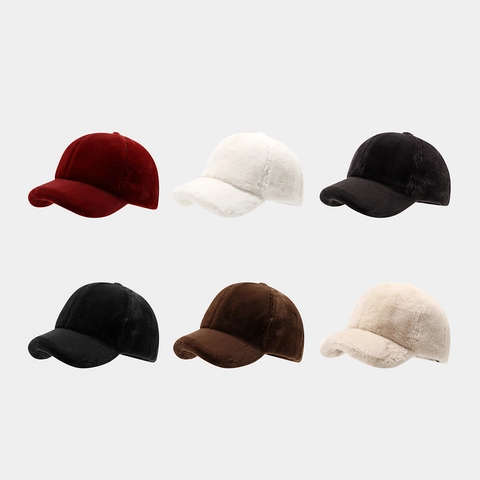 Gorra De Béisbol De Invierno Para Mujer Piel Sintética Cálida Suave Felpa Ala Corta Color Sólido Simple Moda Casual