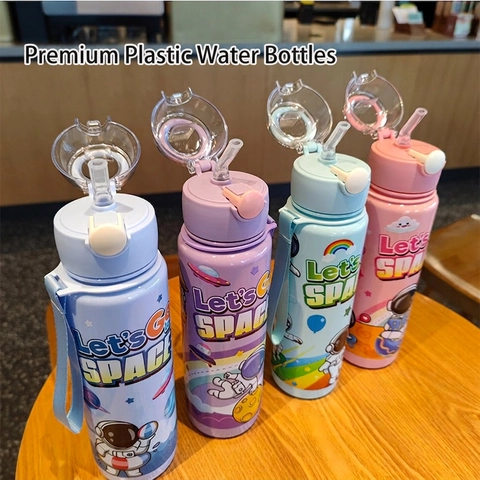 Cartoon Astronaut Plastic Water Bottle With Straw Portable Leakproof Sippy Cup For Children Outdoor Travel