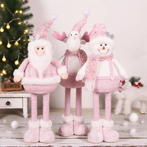 Christmas Dolls Telescopic Legs Pink Sequin Plush Santa Snowman Reindeer Home Decor Holiday Ornament Standing Figurine