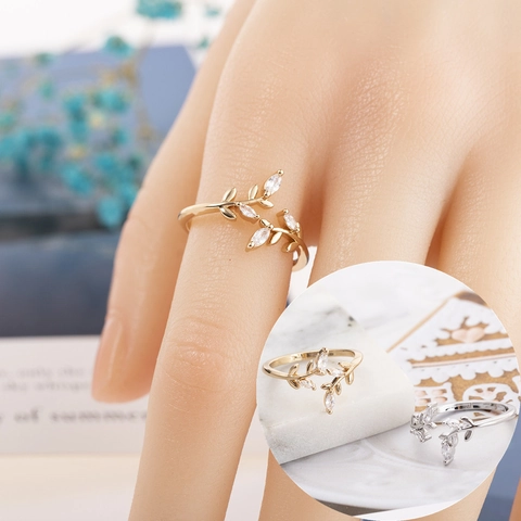 Anello Aperto in Rame a Foglia Minimalista Con Strass Intarsiato Elegante Gioiello Regolabile per Donna Anello Placcato Oro Argento