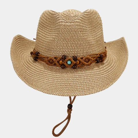 Western Straw Cowboy Hat Wide Brim Sun Protection With Wooden Beads And Turquoise Decor Adjustable Chin Strap For Women Vacation