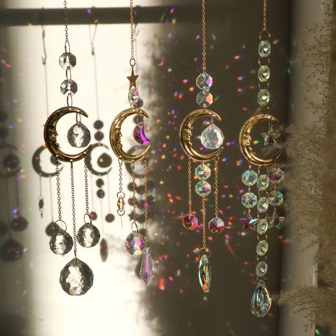 K9 Crystal Suncatcher Moon Star Smiley Sun Golden Metal Prism Window Hanging Rainbow Maker Home Garden Decor
