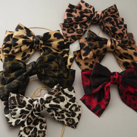 Large Leopard Print Bow Hair Clip Satin Fabric Fashion Barrette Spring Clip Hair Accessories For Women Retro Style