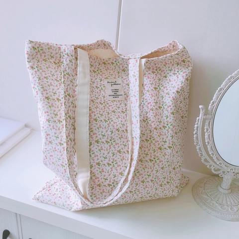 Floral Canvas Tote Bag Women Large Capacity Shoulder Bag Cotton Shopping Bag For School Daily Use Sweet Korean Style