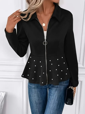 Damen Peplum Jacke Langarm Elegant Künstliche Perlenbesetzt Schößchen Saum Schmale Passform Reißverschluss Mode Schwarz