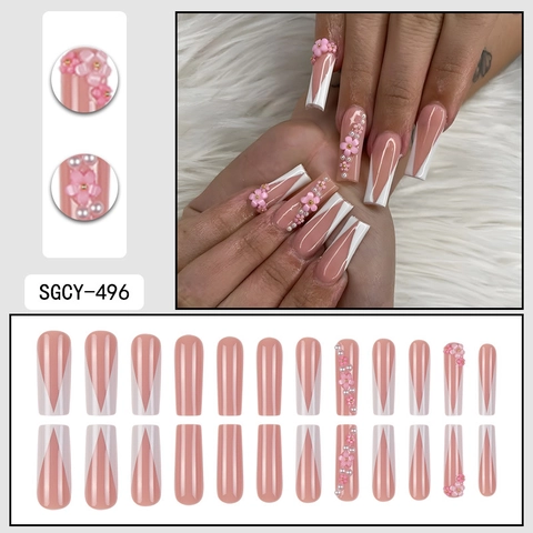 Coffin Press On Nails Lange Französische Spitzen Mit 3D Blumen Künstliche Perlen Dekor Nude Pink Süßer Ballerina Stil Künstliche Nägel