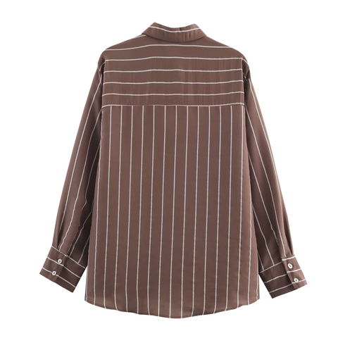 Women Stripe Shirt Polyester Long Sleeve Vertical Striped Button Down Blouse With Pocket Casual Chic Spring Tops