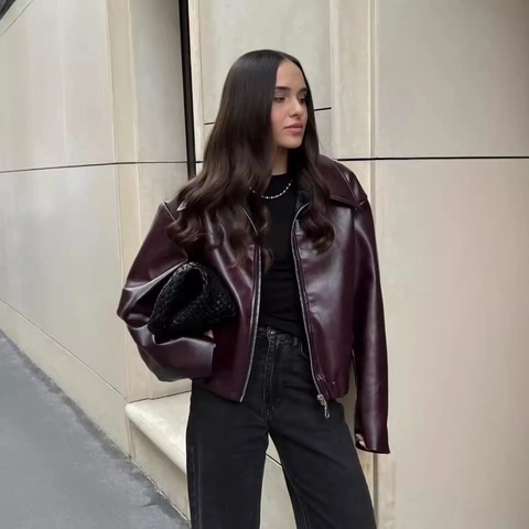 Women PU Leather Moto Jacket Zipper Up Lapel Collar Retro Bomber Coat With Elastic Hem Long Sleeve Streetwear