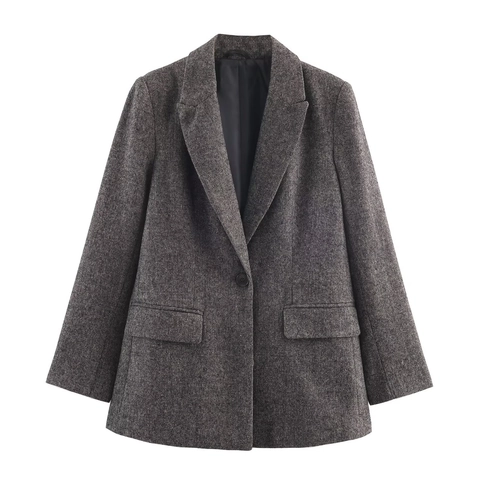 Chaqueta Americana Mujer Espiga Tweed Un Solo Botón Cuello Solapa Moda Casual Oficina Ropa De Abrigo