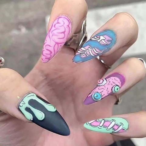 Uñas Postizas Stiletto Halloween Horror Graffiti Ojo Cerebro Costillas Patrón Gótico Dark Punk Para Mujeres Niñas
