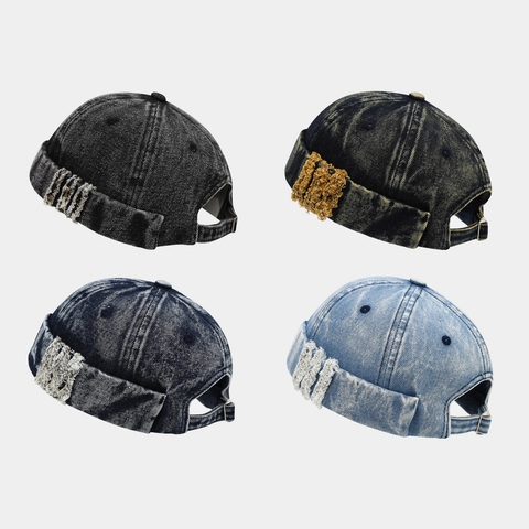 Retro Washed Denim Docker Hat Japanese Style Brimless Cap Distressed Streetwear Hip Hop Miki Hat For Men Women Unisex