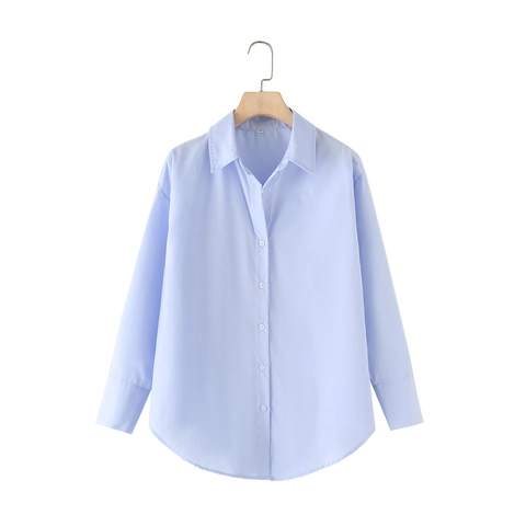 Solid Color Women Poplin Long Sleeve Blouse Shirt Lapel V Neck Button Down Loose Casual Office Chic Elegant Tops