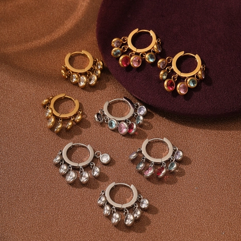 Fashion 18K Gold Plated Stainless Steel Round Hoop Earrings With Colorful Rhinestone Charms For Women Jewelry Gift