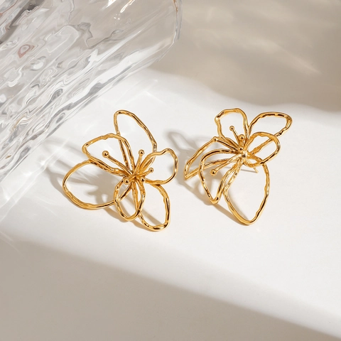 Pendientes De Flor Abstracta Acero Inoxidable Chapado En Oro 18K Huecos Texturizados Impermeables Hipoalergénicos Para Mujer