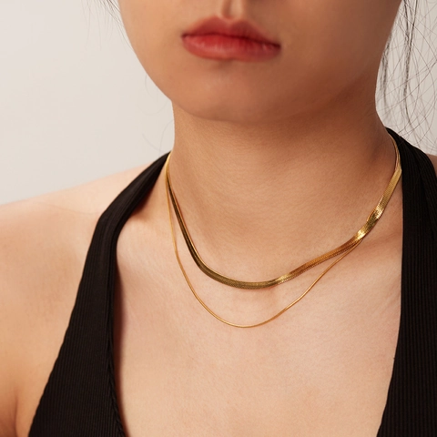 Double Layer Snake Chain Necklace 18K Gold Plated Stainless Steel Flat Herringbone Choker Minimalist Jewelry For Women