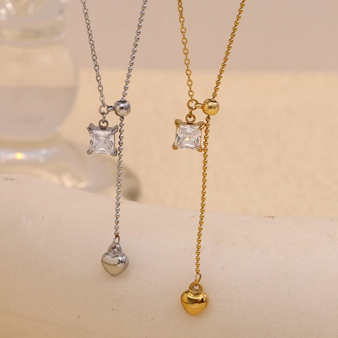 Collar En Y Con Circonita Cuadrada Borla De Corazón Acero Inoxidable Chapado En Oro De 18K Joyería Elegante
