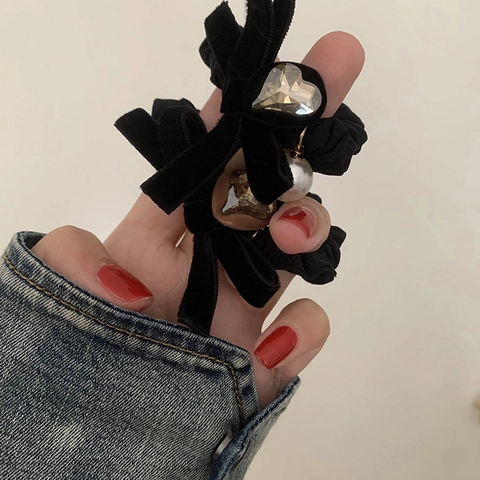 Coleteros De Terciopelo Con Corazón Elegantes Lazos Elásticos Para El Cabello Con Colgante De Perla Artificial Y Cristal Estilo Coreano