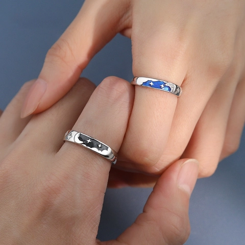S925 Sterlingsilber Stern Mond Paar Ringe Emaille Strass Verstellbarer Offener Ring Romantische Sternenhimmel Schmuck Für Liebhaber Geschenk