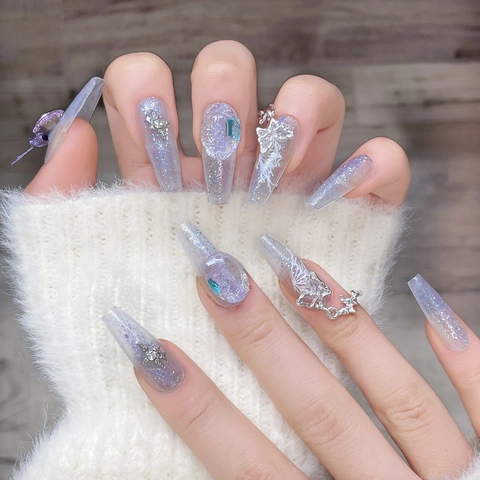 Handgefertigte Künstliche Fingernägel Luxus Kristall Schmetterling Schleife Zitrone Orchidee Perle Sakura Katzenauge 3D Design Lange Sargform Damen Schmuck