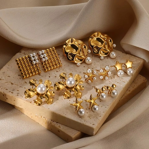 Vintage Gold Plated Alloy Stud Earrings With Imitation Artificial Pearl And Stainless Steel Earring Post Starfish Star Shape For Women