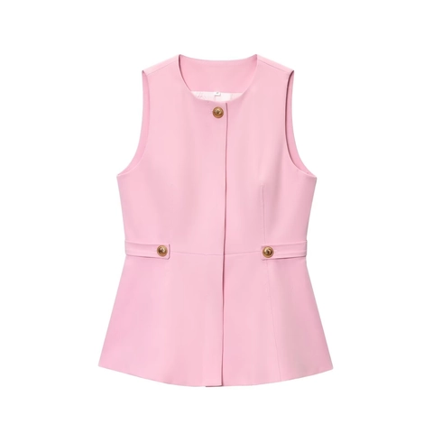 Women Pink Sleeveless Peplum Vest And High Waist Flare Pants Elegant Street Casual Twill Polyester Outfit