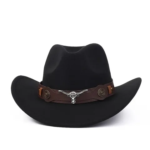 Retro Western Cowboy Hat Woolen Felt Wide Brim With Bull Head Metal Decor And Ethnic Woven Band For Outdoor Travel Party