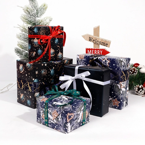 Christmas Gift Wrapping Paper Roll Waterproof Kraft Coated Paper Festive Snow House Starry Sky Pattern Holiday Present Packaging