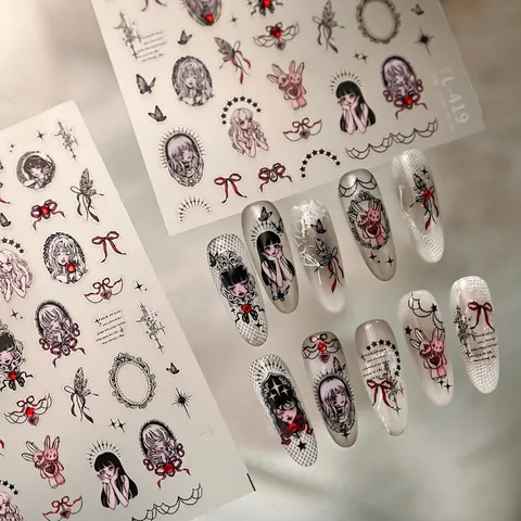 Autocollants À Ongles Gothiques Dark Girl Auto Adhésifs Style Lolita Japonais Décoration De Manucure Halloween Ultra Mince Avec Strass Plats