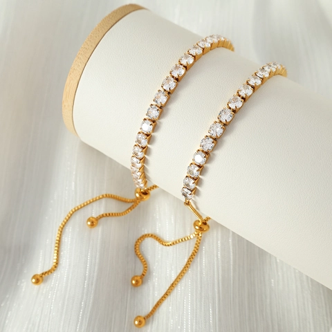 Bracciale Tennis In Zircone Acciaio Inossidabile Regolabile Chiusura Bolo Gioielli Moda Eleganti Per Donna