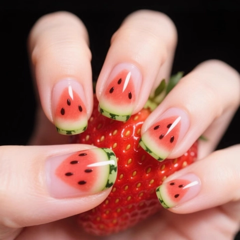 Watermelon Pattern Press On Nails French Style Glossy Square False Nails Summer Cute Fruit Design For Women